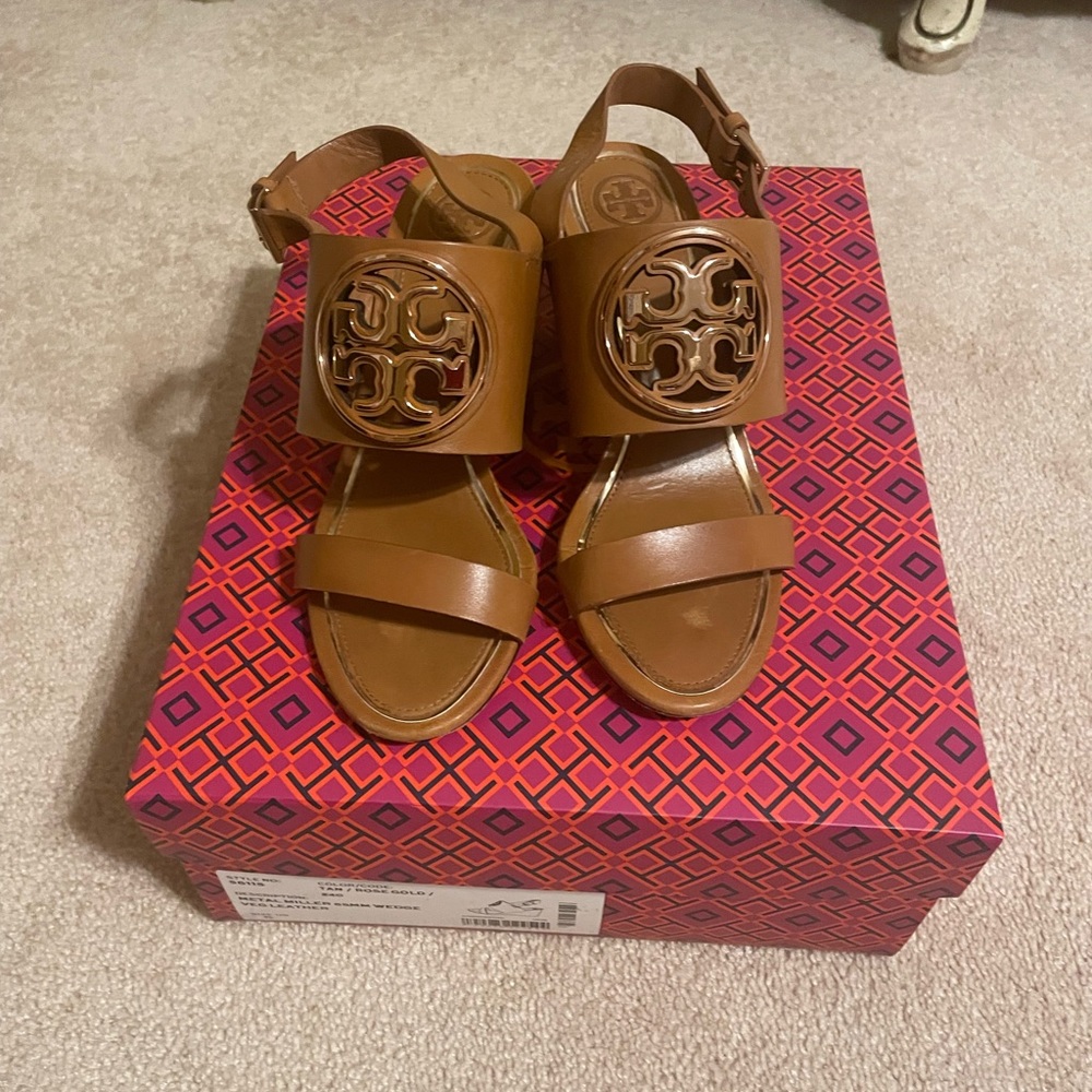 Tory Burch Metal Miller Wedges in Tan